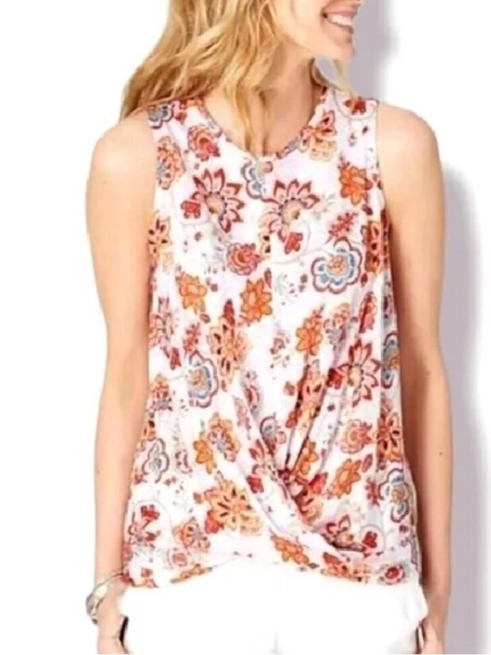 J Jill Love Linen Sleeveless Floral Twist Front Top, 1X